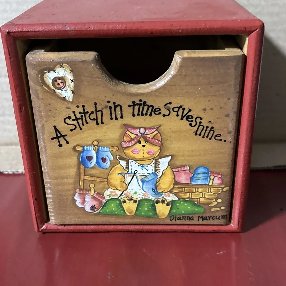 Vintage Dianna Marcum Wood Sewing Craft Cubby Drawer A Stitch In Time Saves Nine